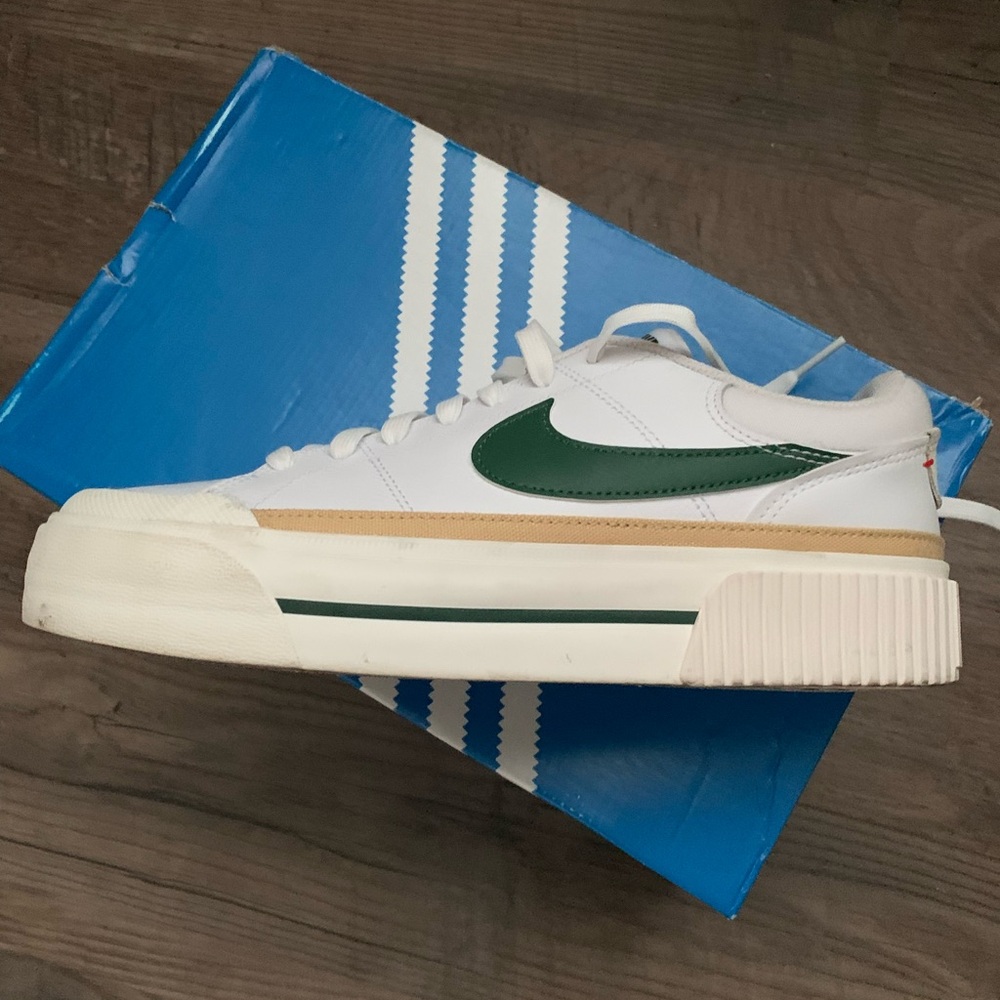 Nike Court Legacy Lift Platform White and Green Sneakers with Tan Accents - Picture 7 of 7